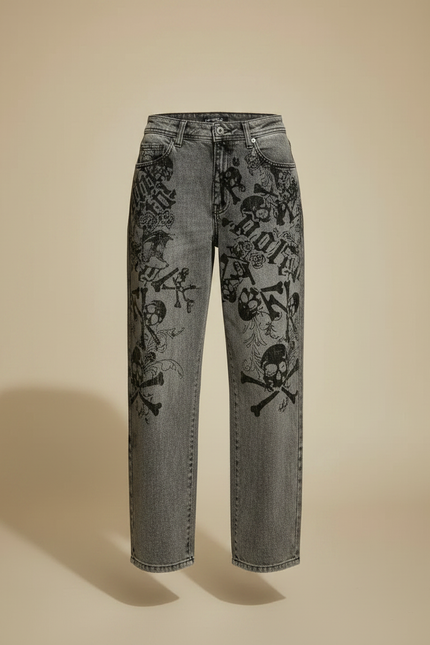 Pantalon Gris Jean Large Imprimé Crânes Gothique - vue 3