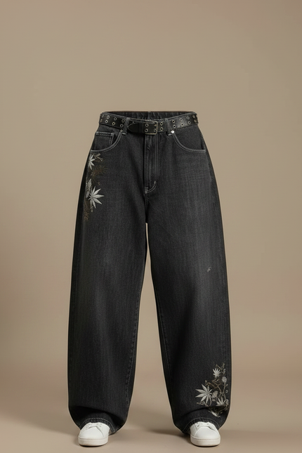 Pantalon Gris Jean Ample Brodée Streetwear Y2K - vue 3