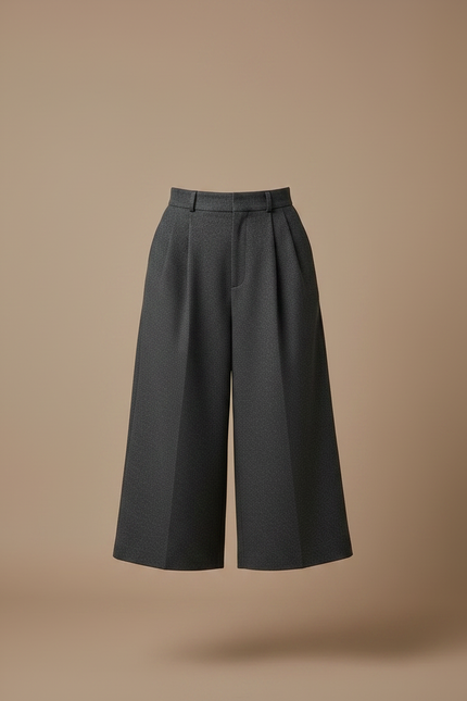 Pantalon Gris Plissé Ample Taille Haute Élégant - Laine - vue 3