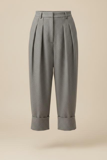 Pantalon Gris Plissé Ample Laine Harem Revers - vue 3
