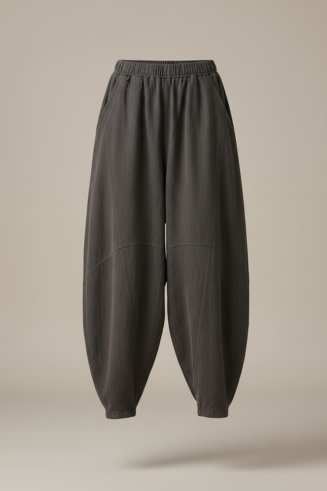 Pantalon Gris Ample Lin Coton Décontracté Femme - vue 3