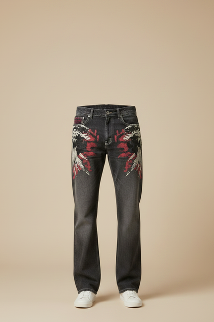 Pantalon Gris Droit Brodé Hip Hop Décontracté Homme - Jean - vue 3