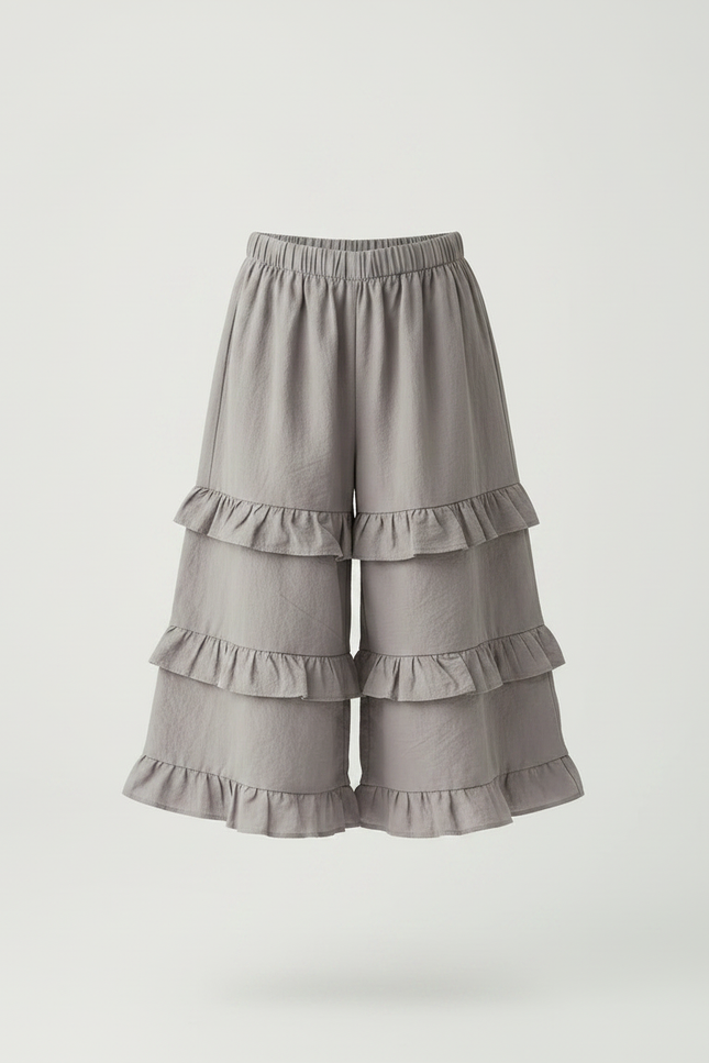 Pantalon Gris Volants Ample Confortable Fille Coton - vue 3