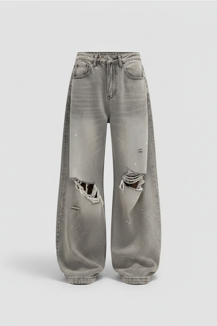 Pantalon Gris Jean Large Déchiré Ample Femme Y2K - vue 2