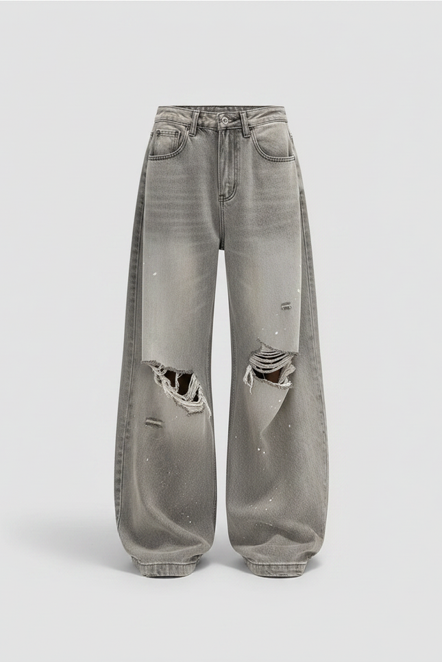 Pantalon Gris Jean Large Déchiré Ample Femme Y2K - vue 2