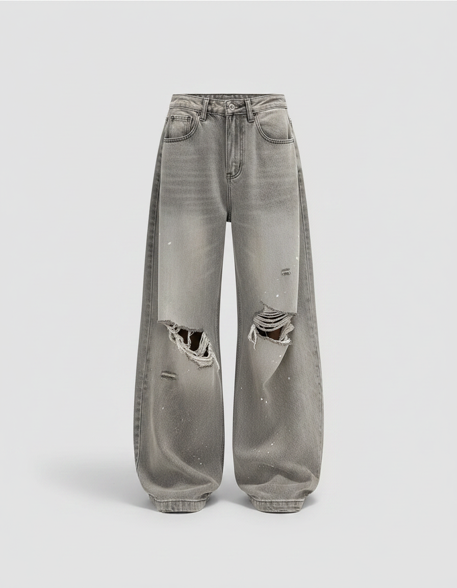 Pantalon Gris Jean Large Déchiré Ample Femme Y2K - vue 2
