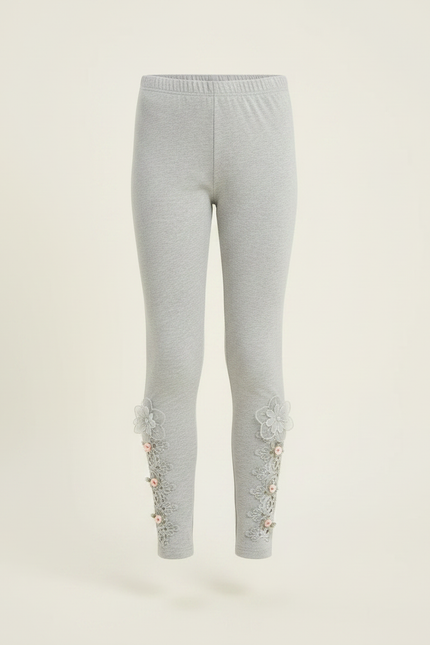 Pantalon Gris Legging Fillette Brodé Fleurs - Maille - vue 3