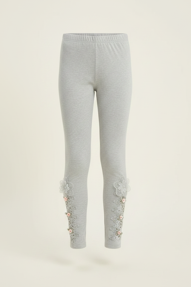 Pantalon Gris Legging Fillette Brodé Fleurs - Maille - vue 3