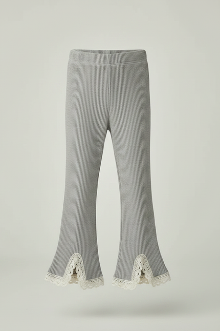 Pantalon Gris Côtelé Évasé Dentelle Fille - Maille - vue 3