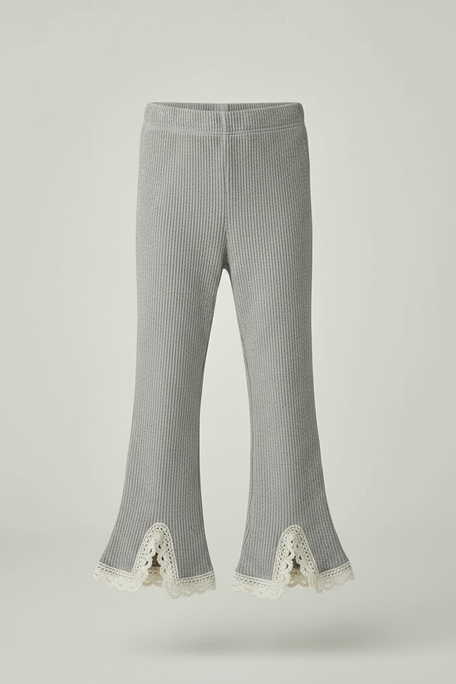 Pantalon Gris Côtelé Évasé Dentelle Fille - Maille - vue 3