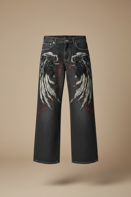 Pantalon Gris Large Imprimé Ailes Vintage Décontracté - Jean - vue 3