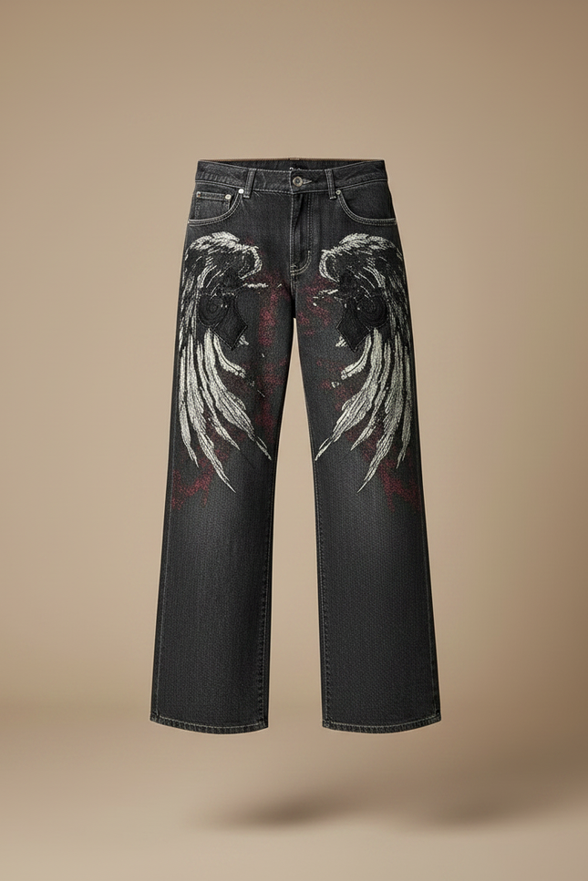 Pantalon Gris Large Imprimé Ailes Vintage Décontracté - Jean - vue 3