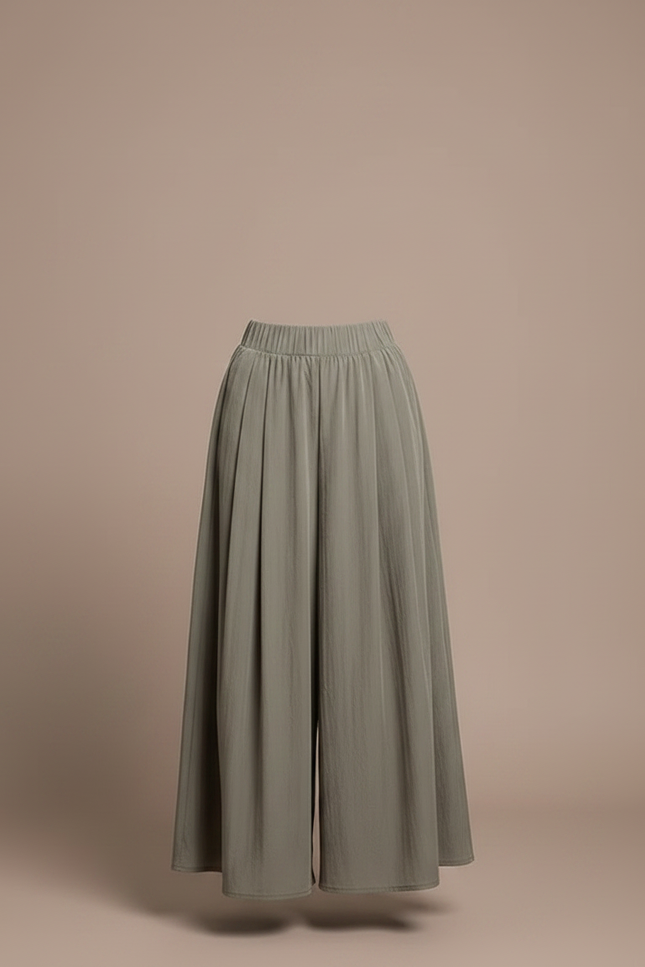 Pantalon Gris Plissé Fluide Long Évasé Fille - Kaki Viscose - vue 3