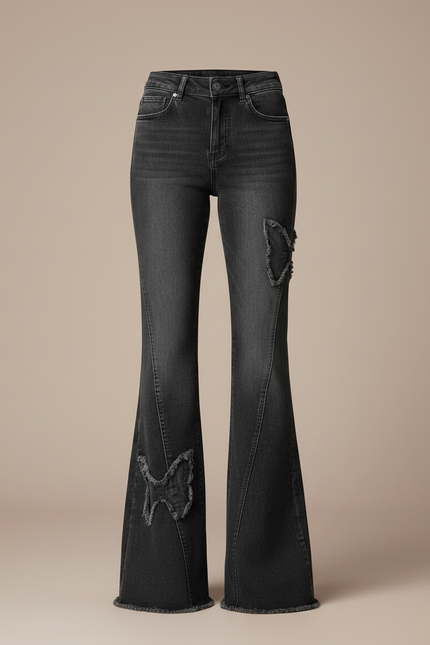 Pantalon Gris Évasé Taille Haute Denim Papillons - Jean - vue 3