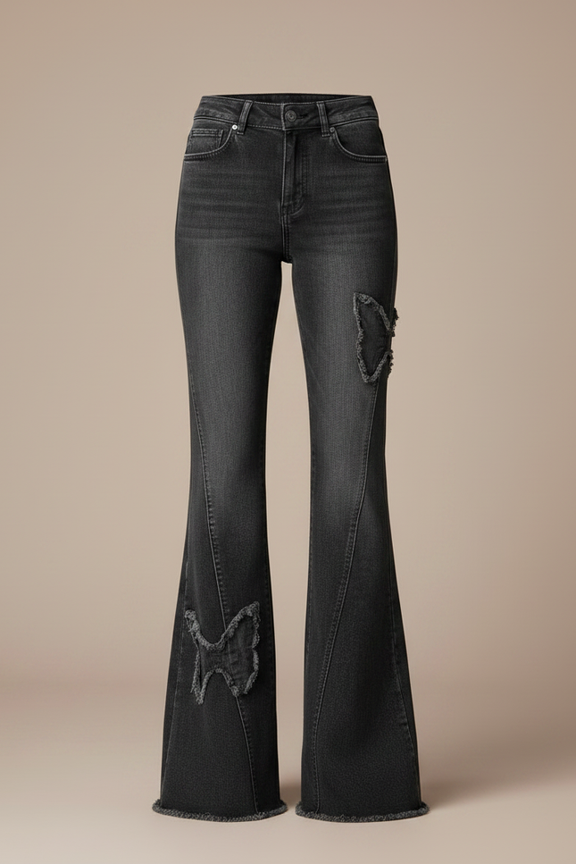 Pantalon Gris Évasé Taille Haute Denim Papillons - Jean - vue 3