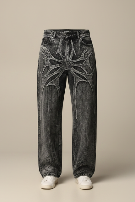 Pantalon Gris Jean Ample Brodé Spider Y2K - vue 3