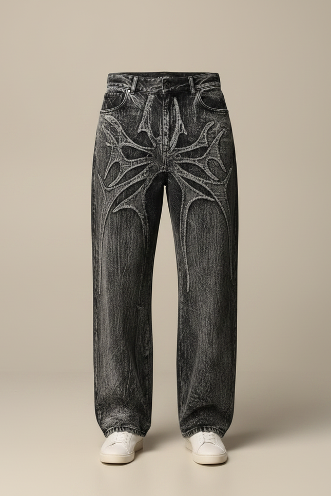 Pantalon Gris Jean Ample Brodé Spider Y2K - vue 3
