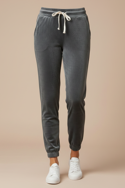 Pantalon Gris Velours Jogger Cordon Décontracté Femme - vue 3