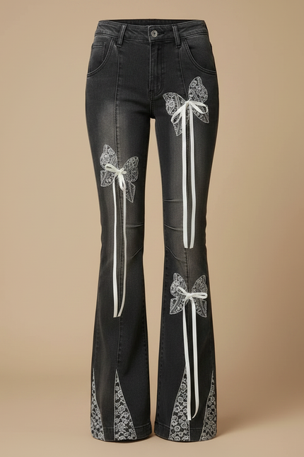 Pantalon Gris Évasé Rubans Dentelle Vintage Femme - Jean - vue 3