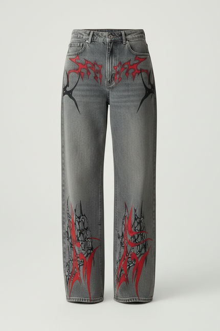 Pantalon Gris Jean Large Imprimé Flammes Gothique Y2K - vue 3