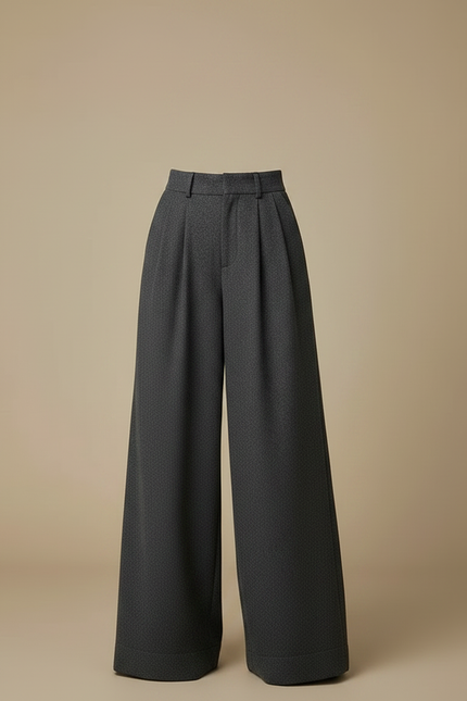 Pantalon Gris Large Plissé Taille Haute Élégant - Laine - vue 3