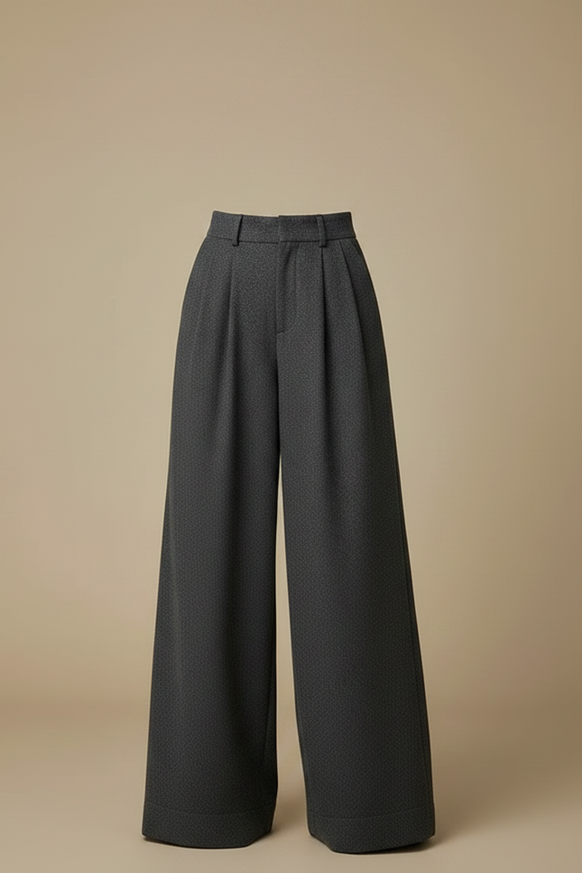 Pantalon Gris Large Plissé Taille Haute Élégant - Laine - vue 3
