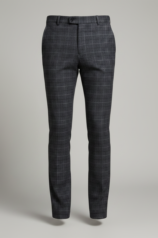 Pantalon Gris Carreaux Droit Élégant Habillé Homme - Laine - vue 3
