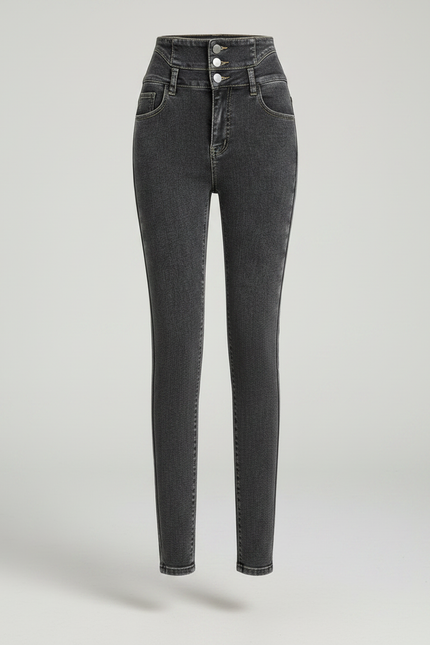 Pantalon Gris Skinny Taille Haute Boutons Femme - Jean - vue 3