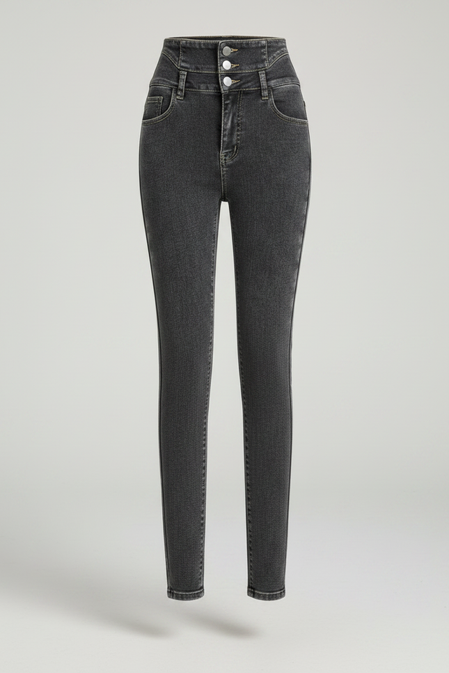 Pantalon Gris Skinny Taille Haute Boutons Femme - Jean - vue 3