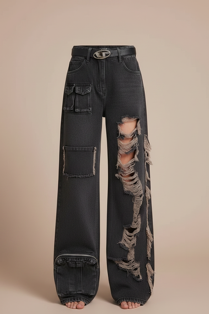 Pantalon Gris Déchiré Ample Cargo Y2K Fille - Jean - vue 3