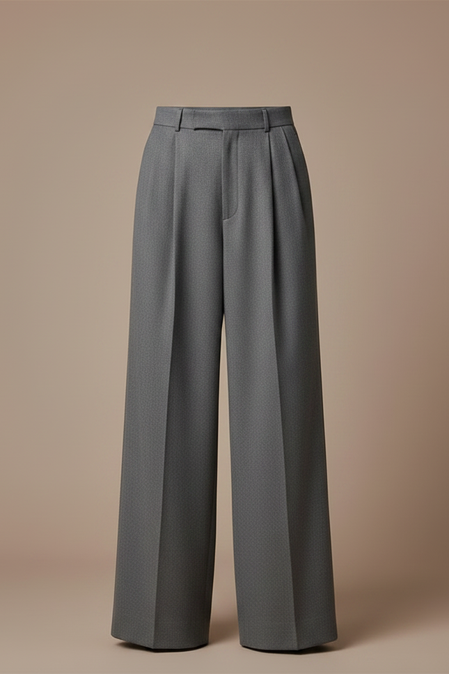 Pantalon Gris Ample Plissé Taille Haute Élégant - Gabardine - vue 3