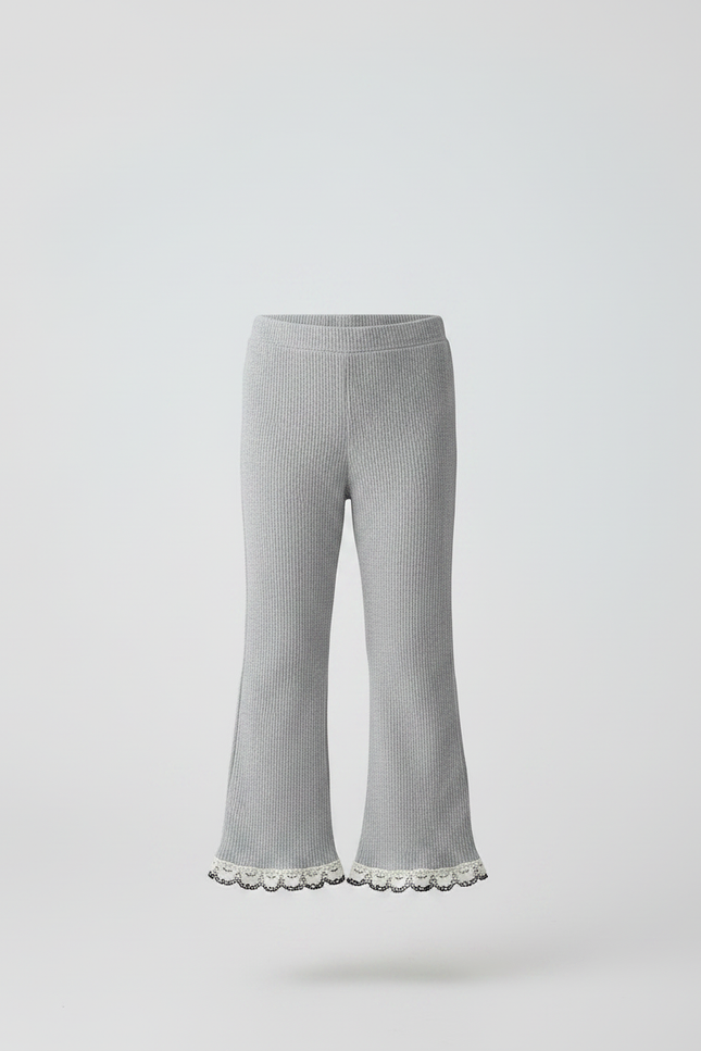 Pantalon Gris Côtelé Évasé Dentelle Enfant - Maille - vue 3