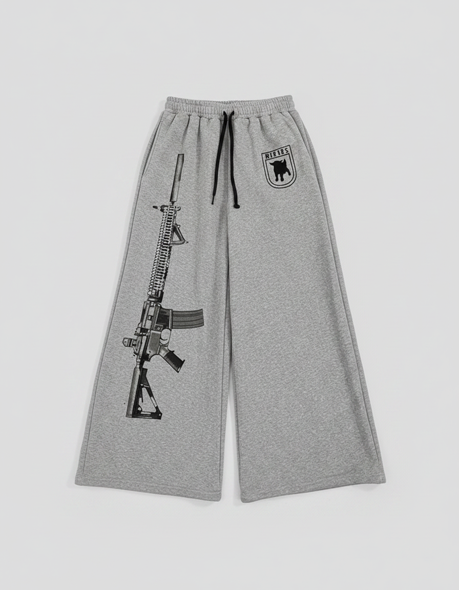 Pantalon Gris Large Streetwear Imprimé Fusil Décontracté - Molleton - vue 2