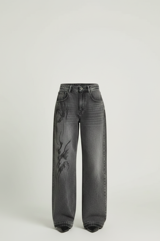 Pantalon Gris Jean Large Délavé Imprimé Gothique Y2K - vue 3