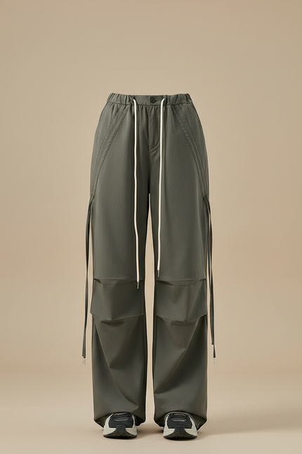 Pantalon Gris Cargo Ample Cordon Taille Haute Femme - Kaki Gabardine - vue 3