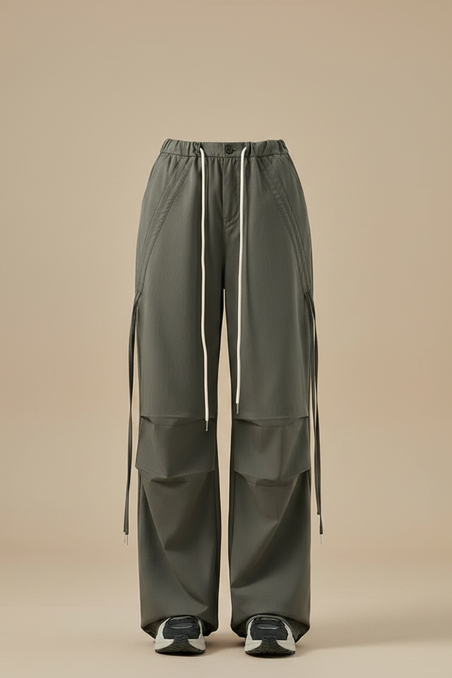 Pantalon Gris Cargo Ample Cordon Taille Haute Femme - Kaki Gabardine - vue 3