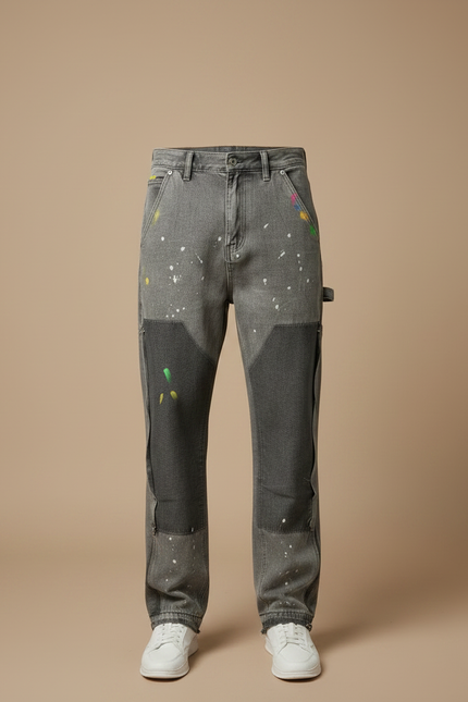 Pantalon Gris Denim Patchwork Peinture Décontracté Homme - Jean - vue 3