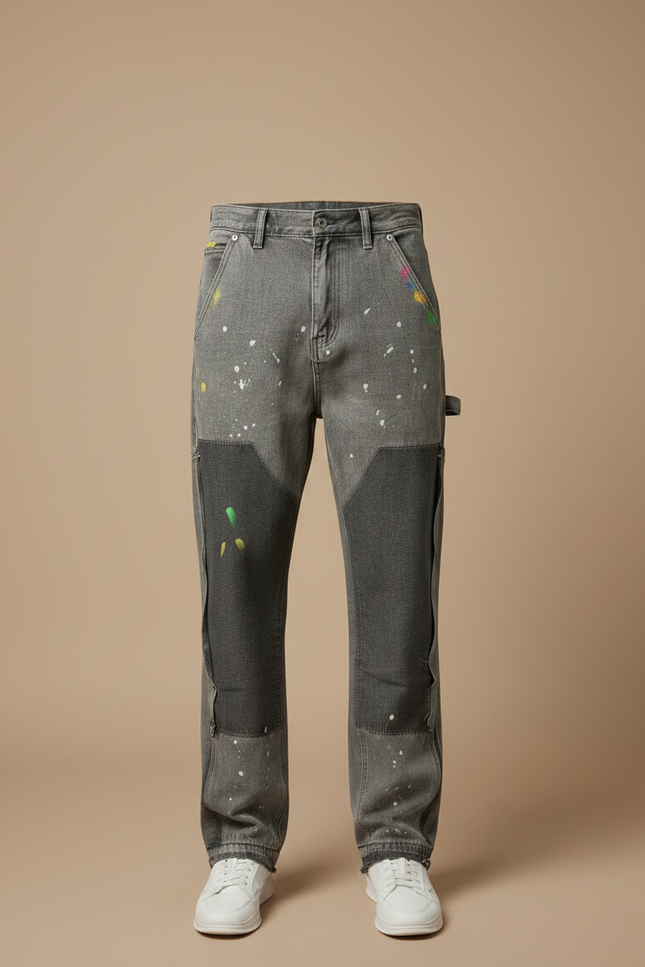Pantalon Gris Denim Patchwork Peinture Décontracté Homme - Jean - vue 3