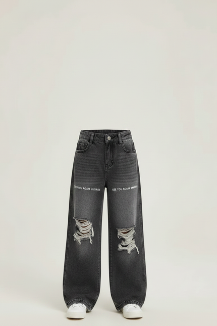 Pantalon Gris Jean Ample Déchiré Fille - vue 3