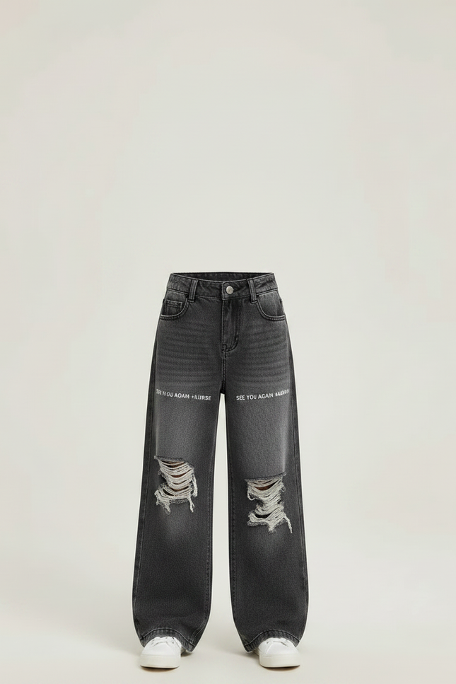 Pantalon Gris Jean Ample Déchiré Fille - vue 3