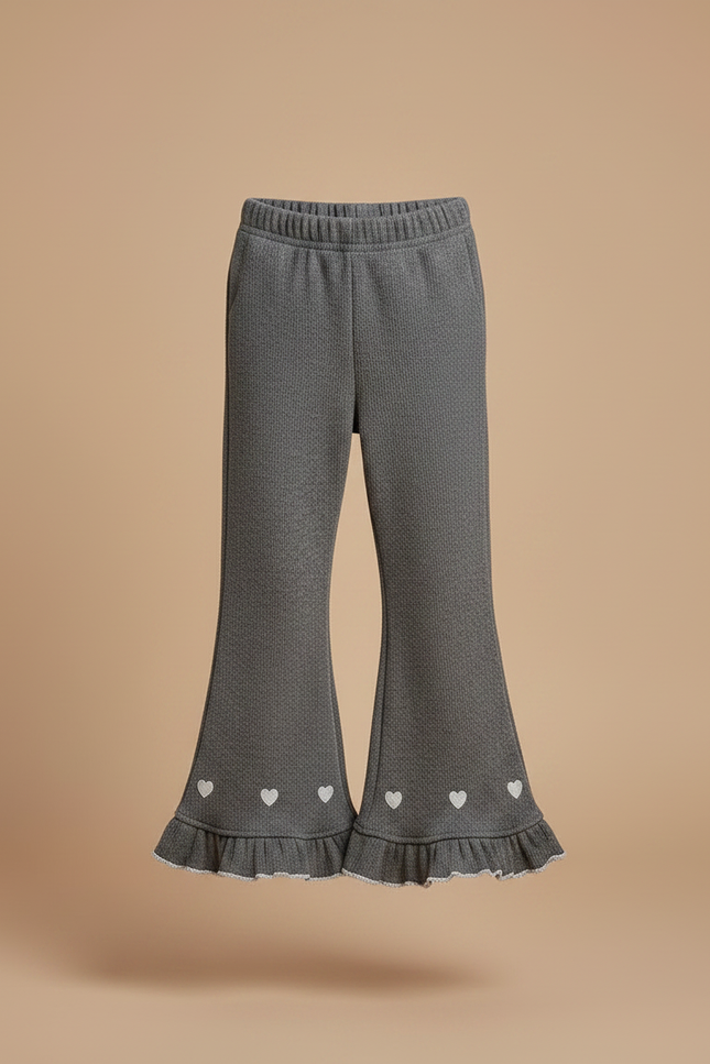 Pantalon Gris Évasé Côtelé Coeurs Fille - Maille - vue 3
