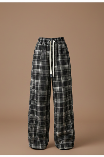 Pantalon Gris Ample Plaid Cordon Décontracté - Laine - vue 3