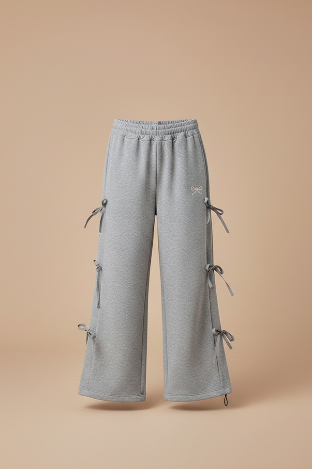 Pantalon Gris Ample Coton Sportif Nœuds Latéraux - Molleton - vue 3