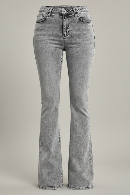 Pantalon Gris Jean Évasé Taille Haute Délavé - vue 3