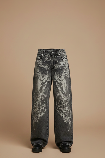 Pantalon Gris Baggy Imprimé Gothique Unisexe - Jean - vue 3