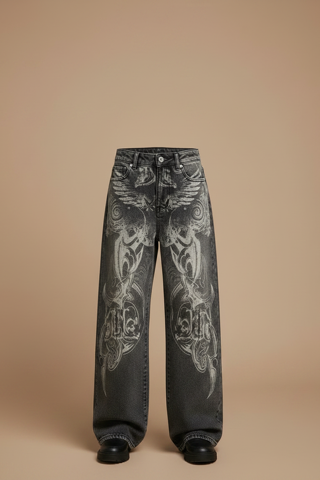 Pantalon Gris Baggy Imprimé Gothique Unisexe - Jean - vue 3